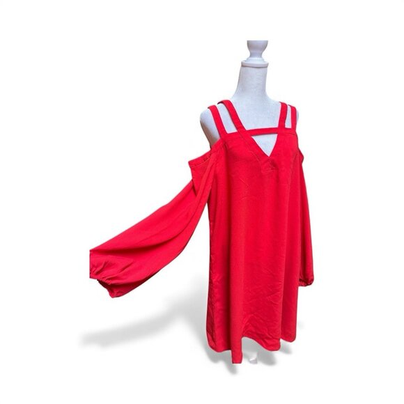 BCBGMAXAZRIA Red Cold Shoulder Dress Medium Holiday Party Strappy V Neck - Picture 3 of 6